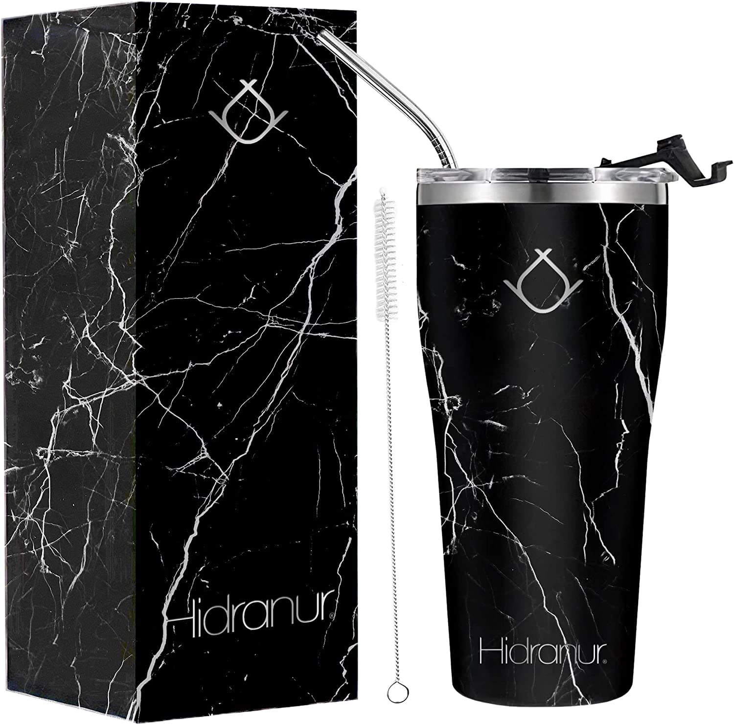 Hidranur Termo de Acero Inoxidable Doble Aislamiento Térmico, 20 oz (591.471 ml), Termo para Café, Tapa Hermética Antifugas, Popote Incluido (Negro Mármol, 20 Oz (591.471 ml))