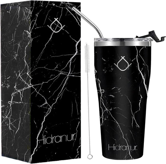 Hidranur Termo de Acero Inoxidable Doble Aislamiento Térmico, 20 oz (591.471 ml), Termo para Café, Tapa Hermética Antifugas, Popote Incluido (Negro Mármol, 20 Oz (591.471 ml))