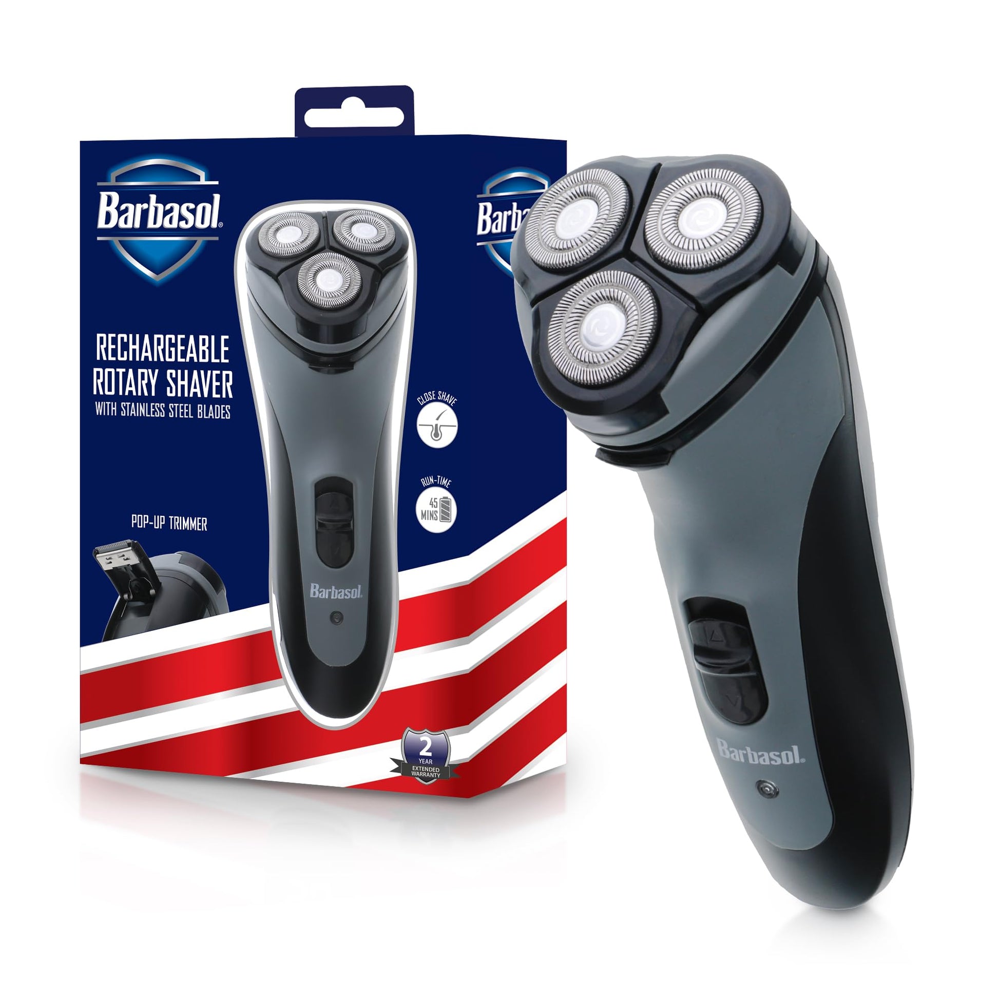 Barbasol Mens Rechargeable Shaver W/Stainless Steel Blades & Pop Trimmer