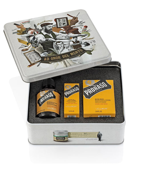 Proraso Kit Cuidado de Barba Madera y Especias en Lata, Incluye Aceite y Bálsamo, Edición Regalo