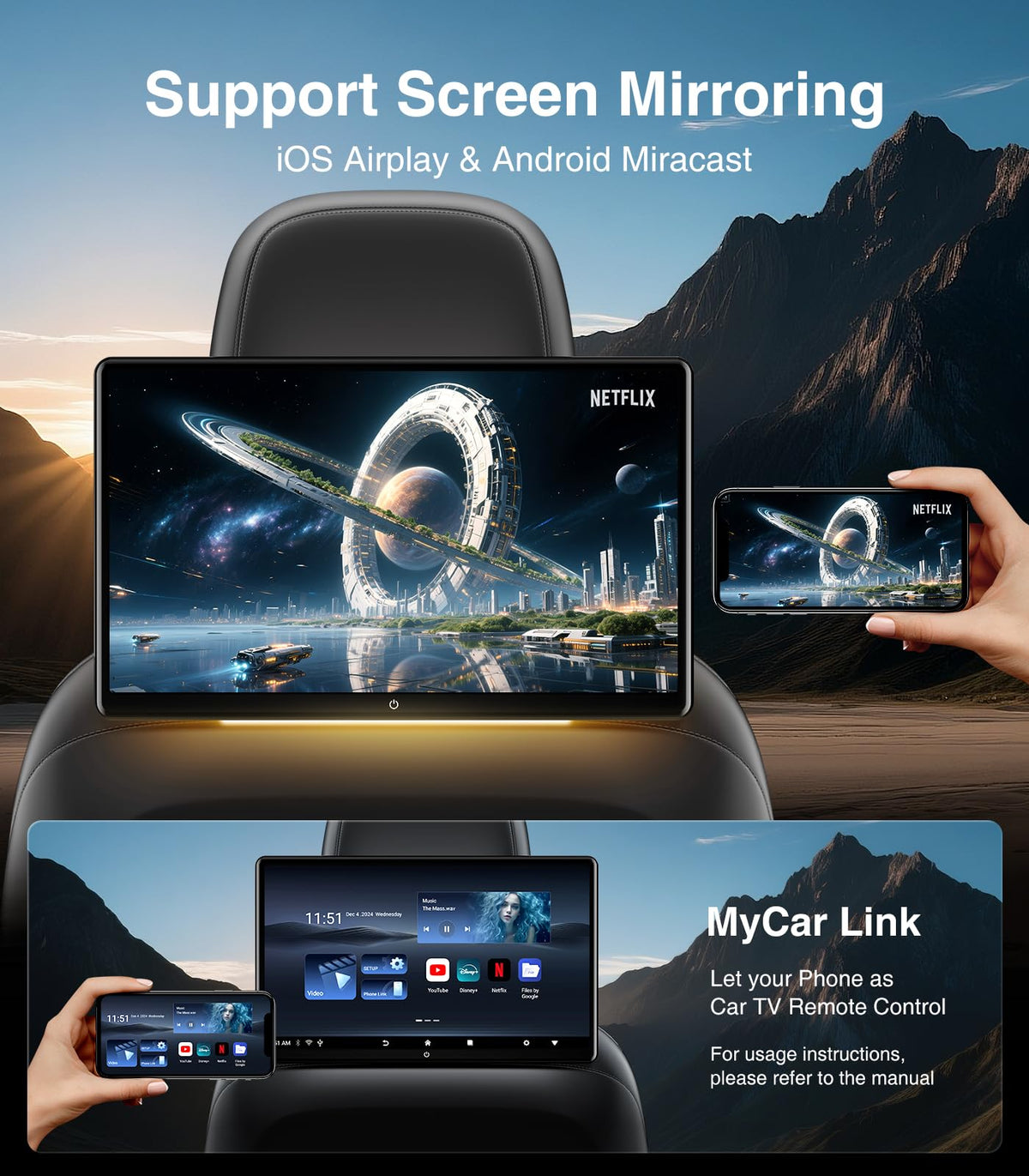 Monitor de Reposacabezas Android 13 Compatible con Teléfono Inalámbrico y Sincronización de Espejo HDMI Bluetooth