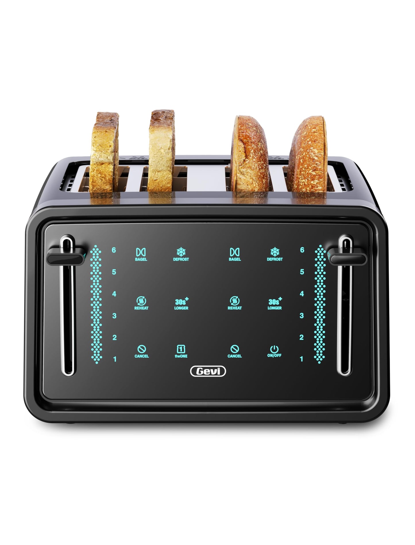 Gevi tostador de 4 rodajas, visualización LED táctil tostador de bagel con paneles de control dual de bagel/recalentamiento/descongelación/cancelación/tostado una rebanada/función más larga, ajuste de 6 tonos