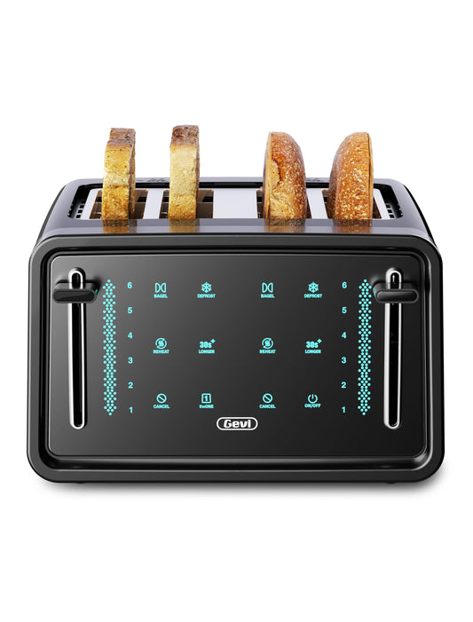 Gevi tostador de 4 rodajas, visualización LED táctil tostador de bagel con paneles de control dual de bagel/recalentamiento/descongelación/cancelación/tostado una rebanada/función más larga, ajuste de 6 tonos