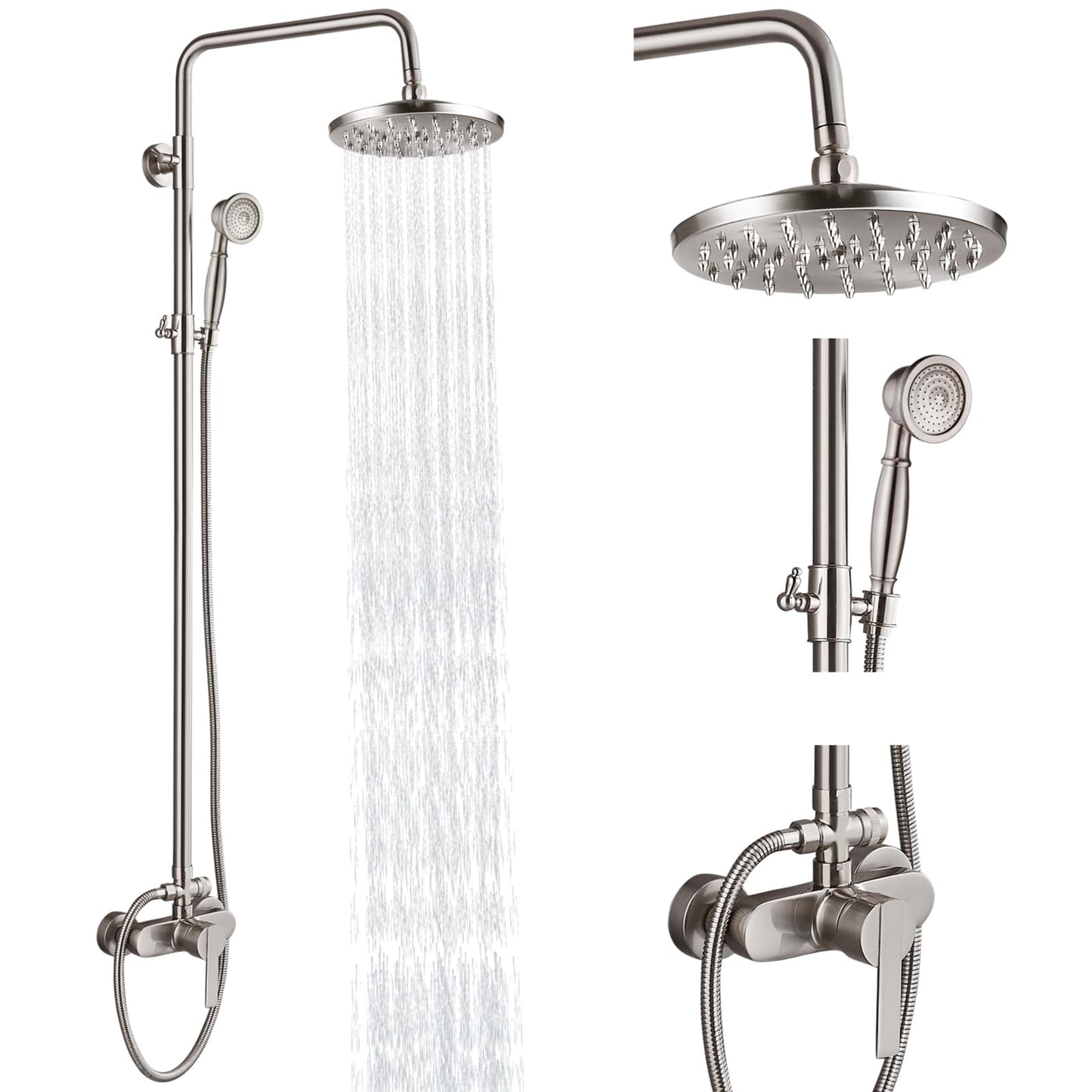 Heyalan - Sistema de ducha de tubo expuesto, níquel cepillado de 8 pulgadas, cabezal de ducha de lluvia, juego combinado de accesorios de latón de una sola manija con pulverizador de mano, barra