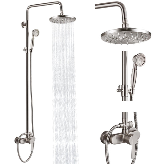 Heyalan - Sistema de ducha de tubo expuesto, níquel cepillado de 8 pulgadas, cabezal de ducha de lluvia, juego combinado de accesorios de latón de una sola manija con pulverizador de mano, barra