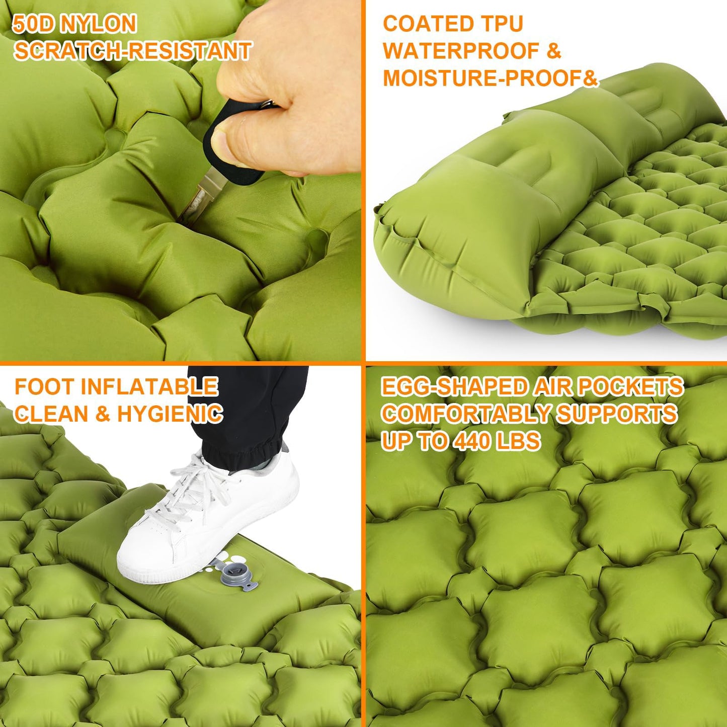 TEKIK - Almohadilla de Dormir para Camping, Ultraligera, autoinflable, para 2 Personas con Almohada, Bomba de pie integrada para Camping, Senderismo, Bolsa de Transporte, Kit de reparación