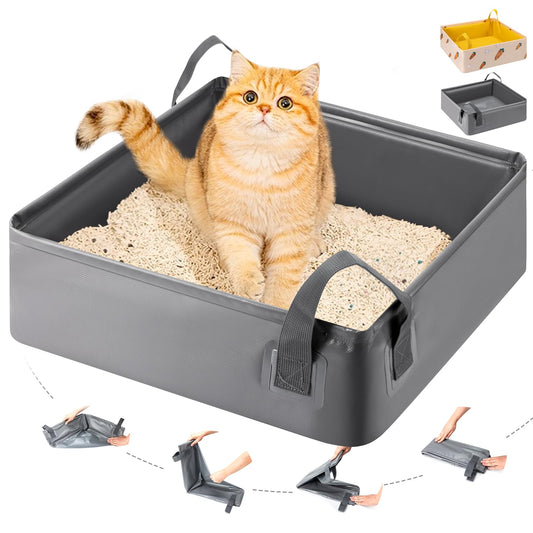 LESUCCI Caja de Arena para Gatos Portátil, Caja de Arena Plegable para Gatos con Asa Estándar para Viajes, Sin Fugas, Impermeable, Ideal para Gatos Medianos Y Pequeños, Fácil de Limpiar (Gris)