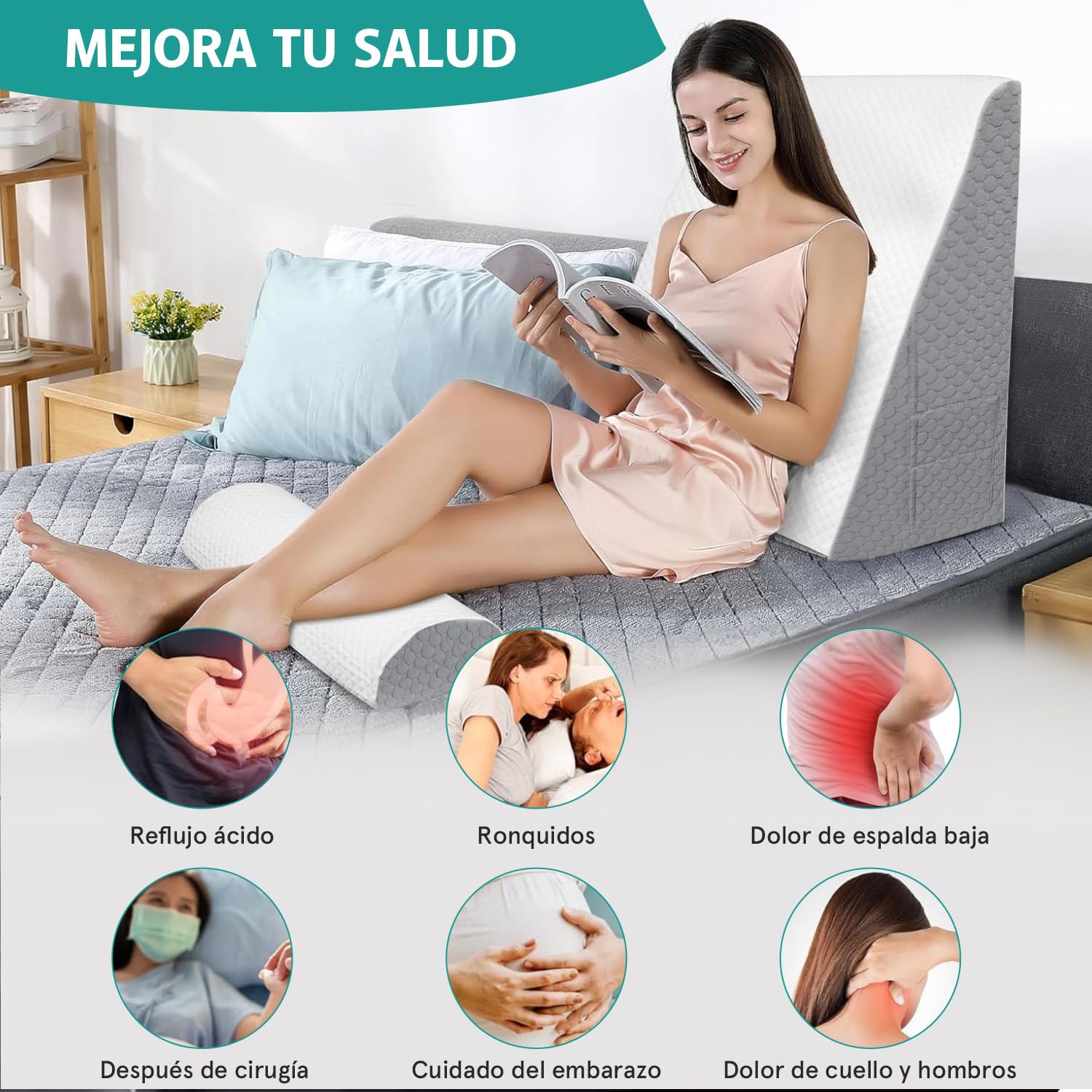 Almohada Antireflujo Adulto, Almohada de Cuña para Cuña |Algodón de Silicona Mejorado| Almohada Triangular con 2 Bolsillos y 1 Almohada para el Cuello,Apoya y alivia el dolor corporal y Reflujo Ácido