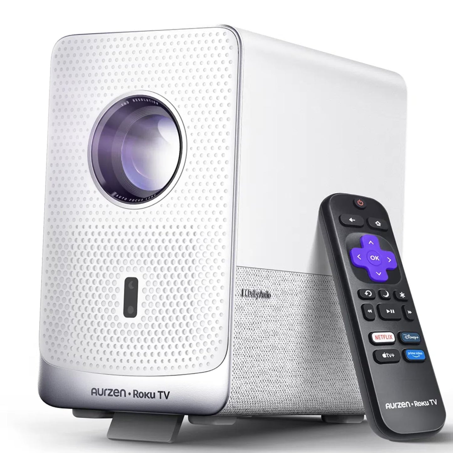 Proyector inteligente Aurzen Roku TV con Wifi y Bluetooth, experiencia de transmisión Roku D1R Cube incorporada, motor óptico sellado, 1080P FHD, audio Dolby, mini proyector portátil para películas en