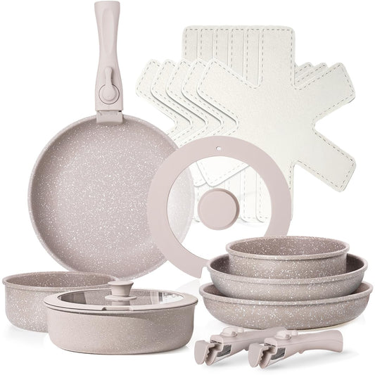LOKOOY Juego de 16 Ollas y Sartenes con Mango Desmontables, Alta Antiadherente, Bateria de Cocina Con Tapas y Cojín, Sartén para Freír Apto para Lavaplatos, Cocina de Inducción y Horno