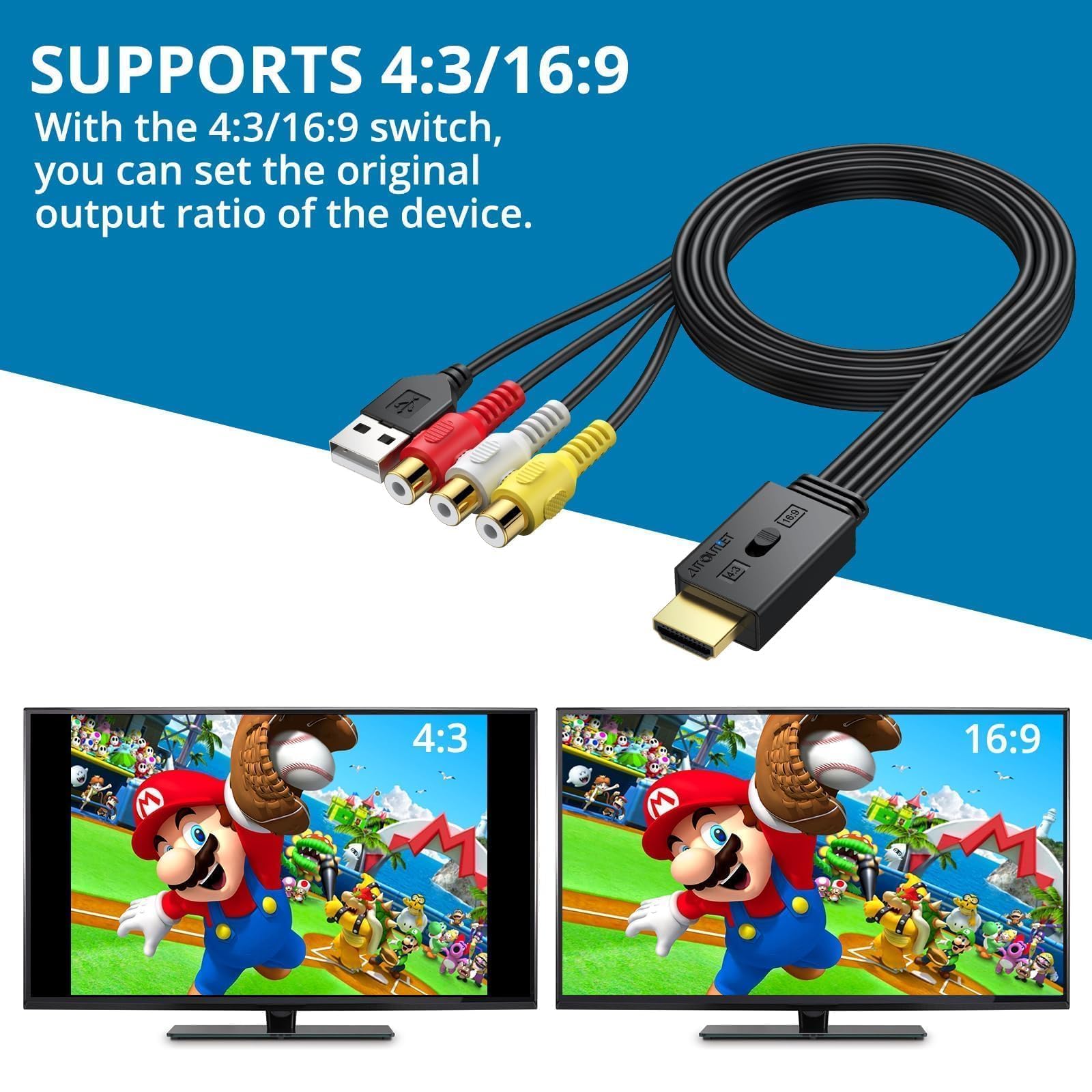 AUTOUTLET Convertidor RCA a HDMI, adaptador AV a HDMI 1080P compatible con conversión 16:9/4:3 y PAL/NTSC, adaptador de audio de vídeo RCA con cable RCA hembra de 60 cm para Wii, PS1/PS2, Xbox, N64