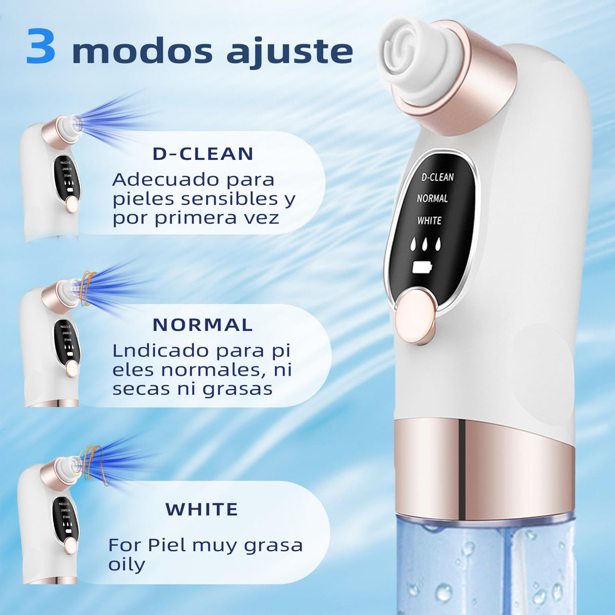 Removedor de Espinillas,Limpiador de Poros faciais,separação de sujeira por microbolhas com 6 ponteiras de sucção substituíveis e 3 modos,Succionador de Puntos Negros USB Recargable, unissex.