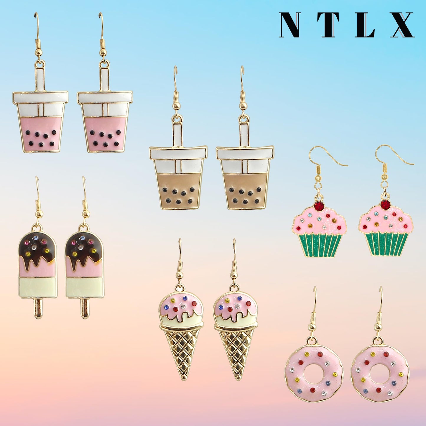 arete colgantes para mujer con forma de postre, helado, cono de helado, rosquilla, té de burbujas Boba, magdalenas, para amantes de la comida, hermosos colores pastel, chapado en oro, con caja de regalo incluida, Zinc, No es una piedra preciosa