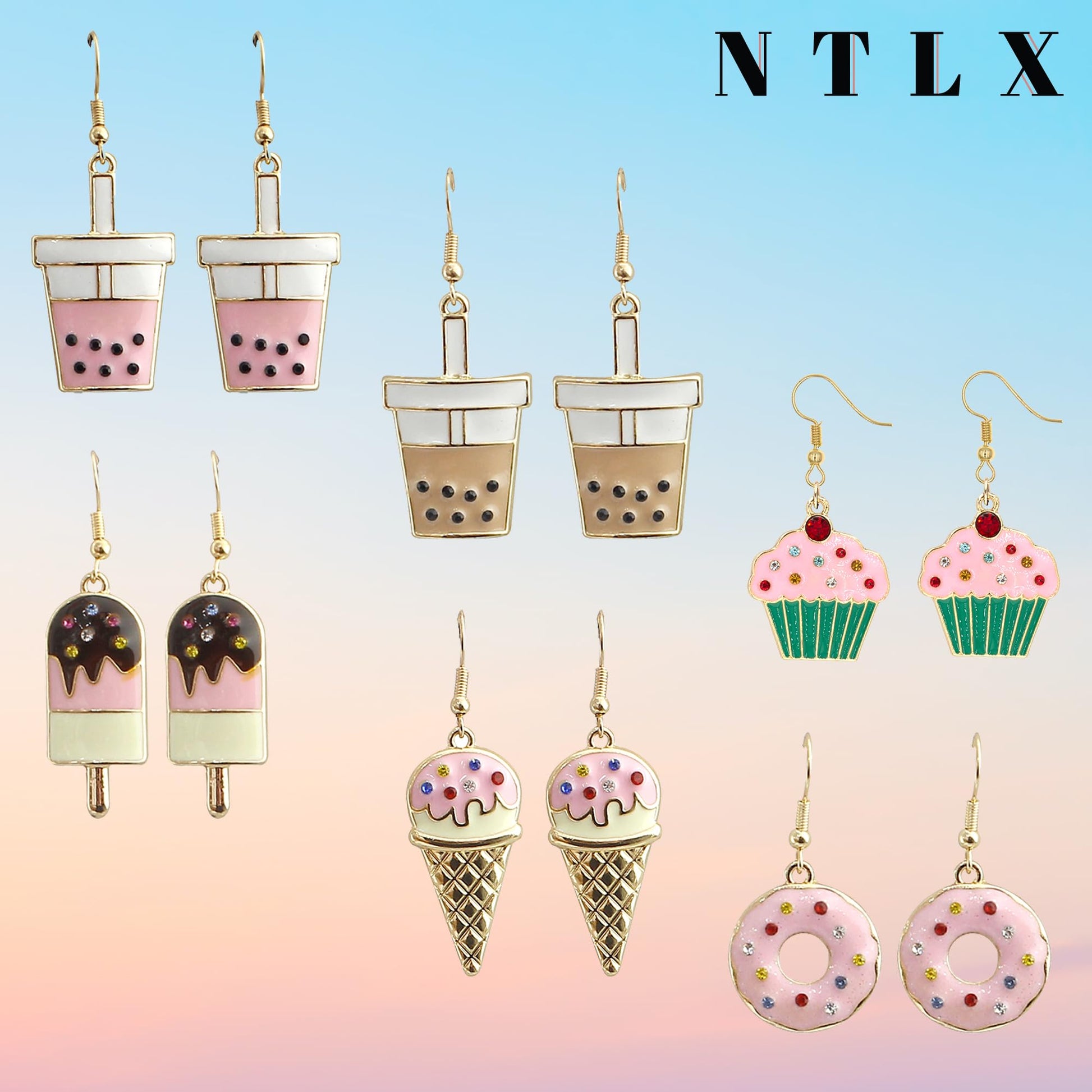 arete colgantes para mujer con forma de postre, helado, cono de helado, rosquilla, té de burbujas Boba, magdalenas, para amantes de la comida, hermosos colores pastel, chapado en oro, con caja de regalo incluida, Zinc, No es una piedra preciosa