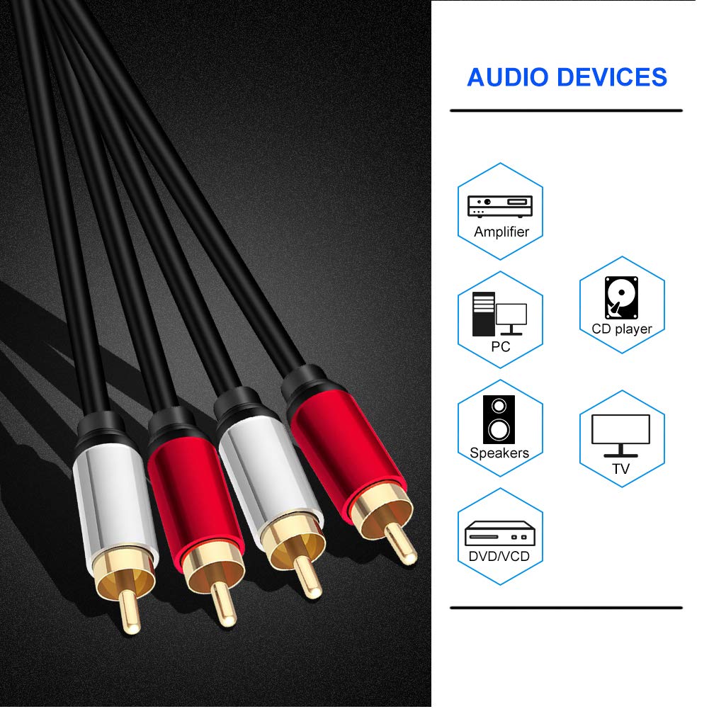 Cable de Audio Estéreo Yeung Qee Dorado 2RCA Macho 10 Pies Doble Blindado para Cine en Casa y Consola de Juegos