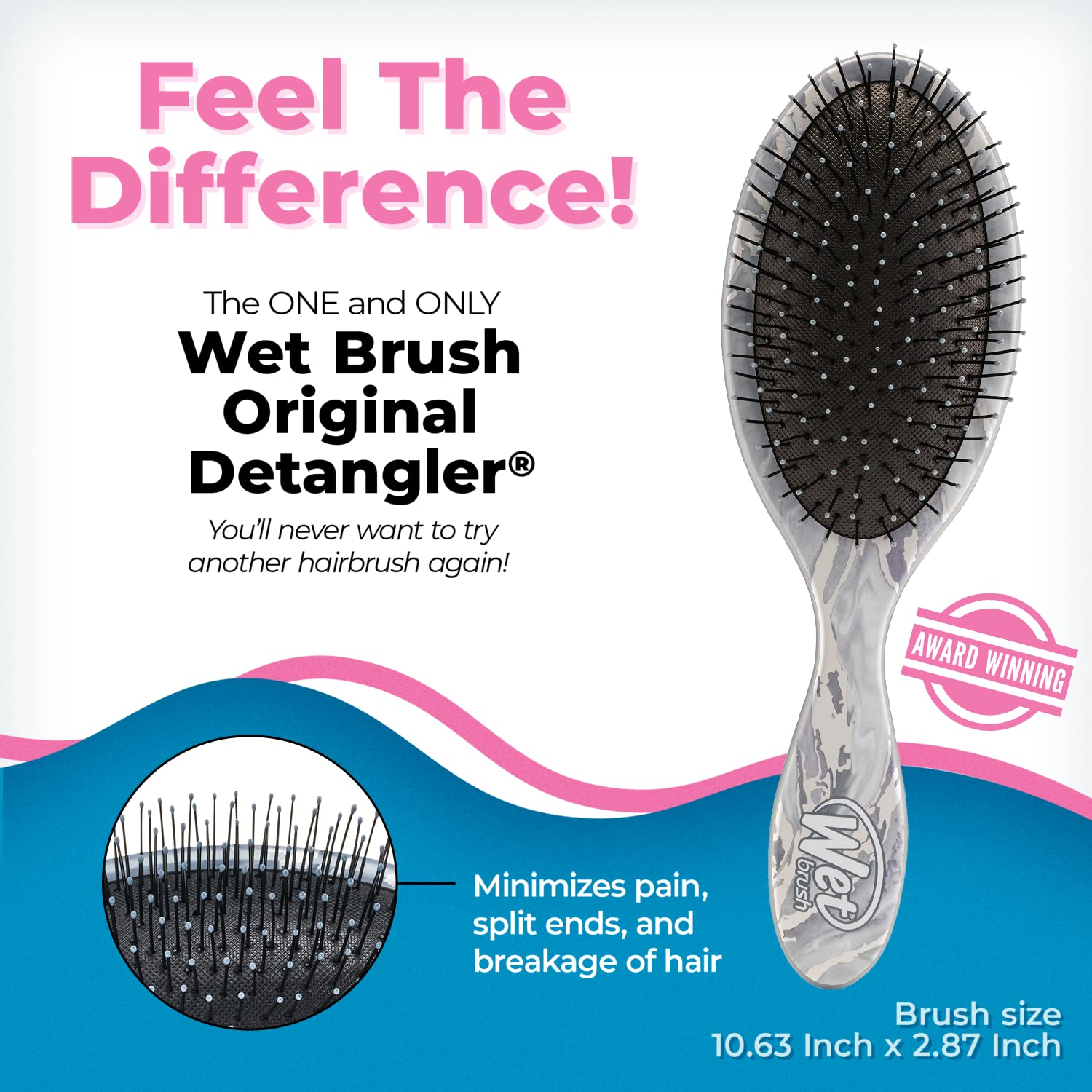 Wet Brush Cepillo desenredante original, mármol metálico, plateado, todo tipo de cabello, cerdas IntelliFlex ultra suaves que se deslizan a través de enredos con facilidad, peine sin dolor para hombres, mujeres, niños y niñas
