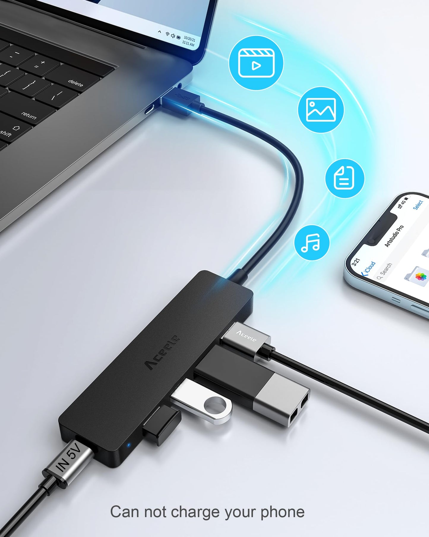 Hub USB Aceele Negro Ultrafino 5 en 1 Multiadaptador para PC, Laptop y Consolas