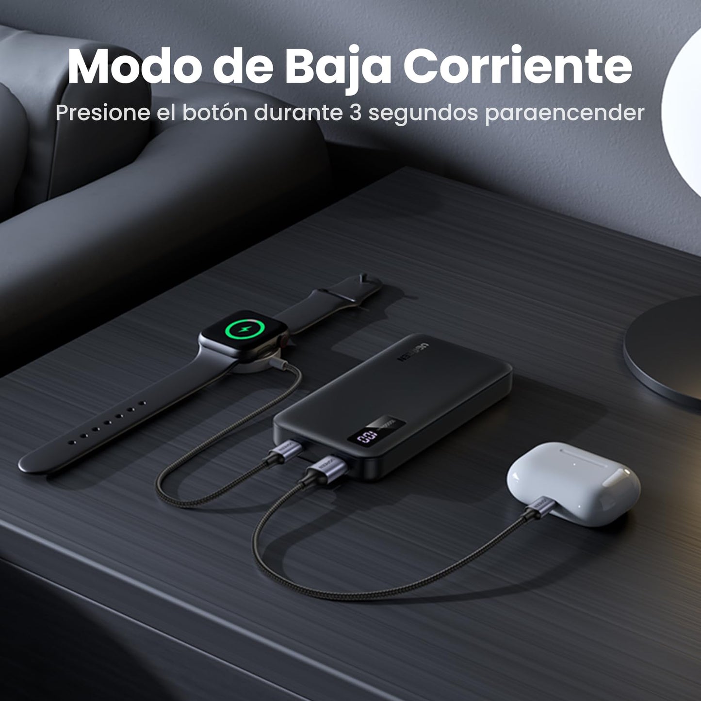 Power Bank UGREEN Negro 10000mAh 22.5W Carga Rápida USB A y C Pantalla Digital Compatible con iPhone, Xiaomi, Galaxy, iPad