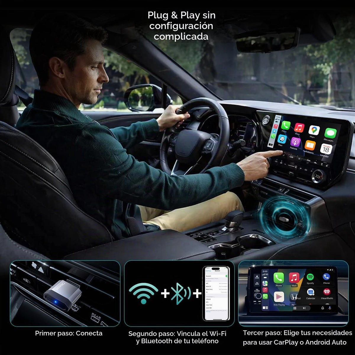 Adaptador Automático Inalámbrico Ottocast Mini Nova 2 en 1 con Reconexión Rápida y Diseño Compacto para Iphone Ios 10+