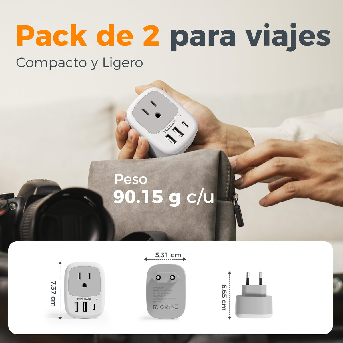 Adaptador Europeo TESSAN Blanco 15W Cargador Tipo C Carga Rápida 2 Unidades