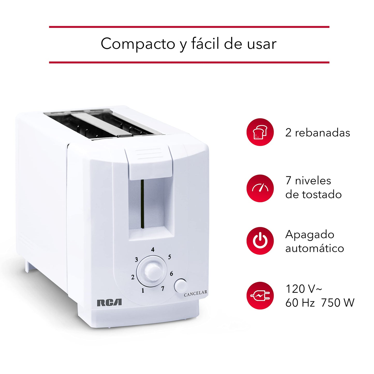Tostador de Pan RCA, 2 ranuras, siete niveles de temperatura, boton para cancelar, bandeja de residuos extraible, blanco, modelo RC-T1