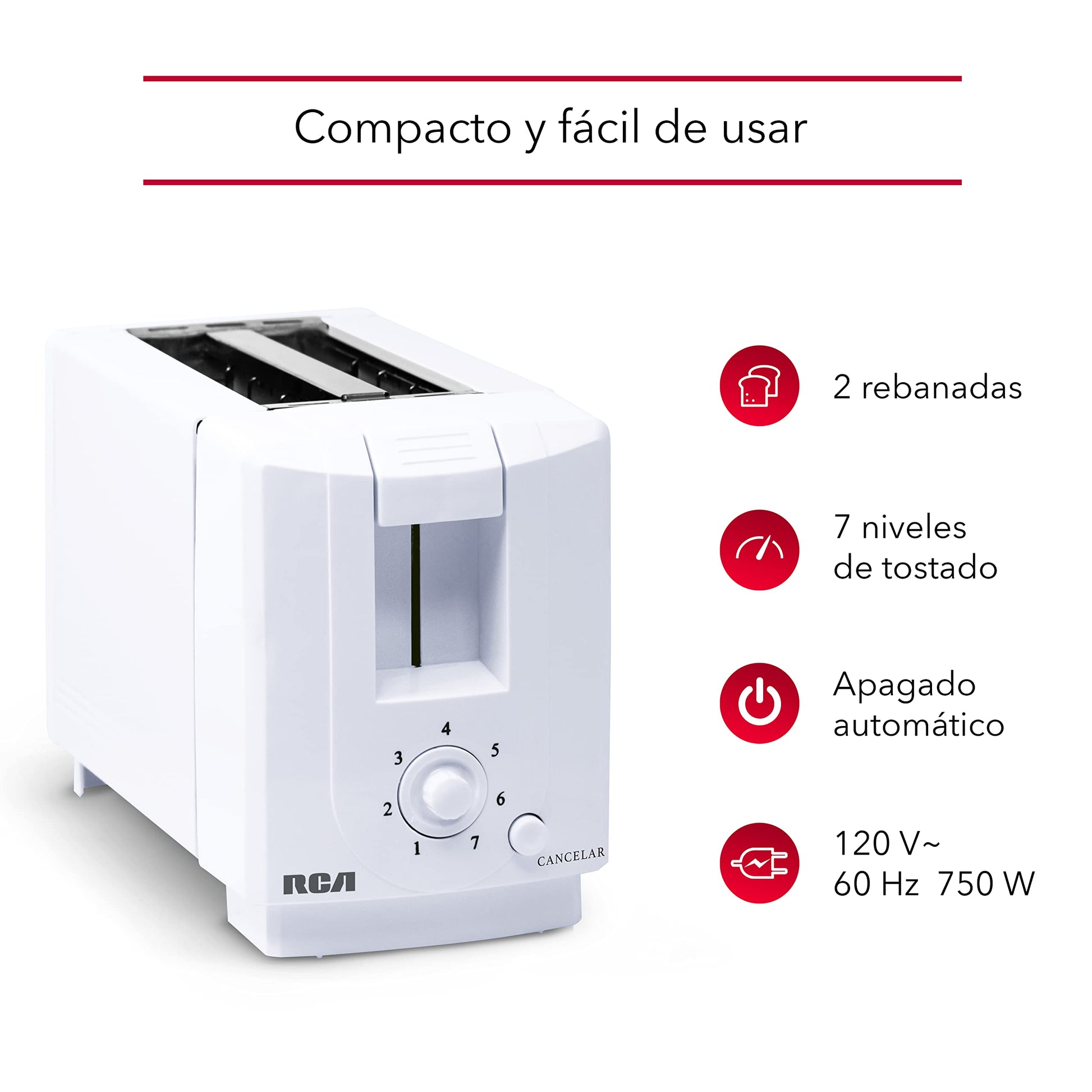 Tostador de Pan RCA, 2 ranuras, siete niveles de temperatura, boton para cancelar, bandeja de residuos extraible, blanco, modelo RC-T1