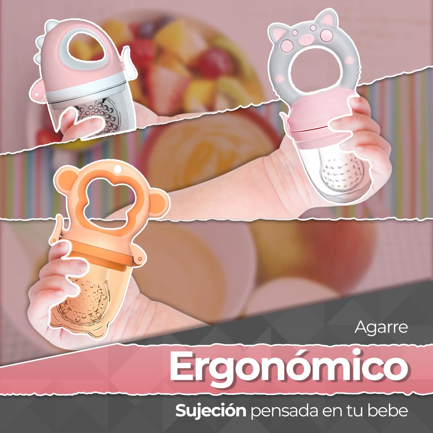 Chupones alimentadores para frutas y papillas con tapa libre de bpa, dibujos animados, 4m+ 3 piezas (pig rosa gris / dino rosa / monkey naranja)