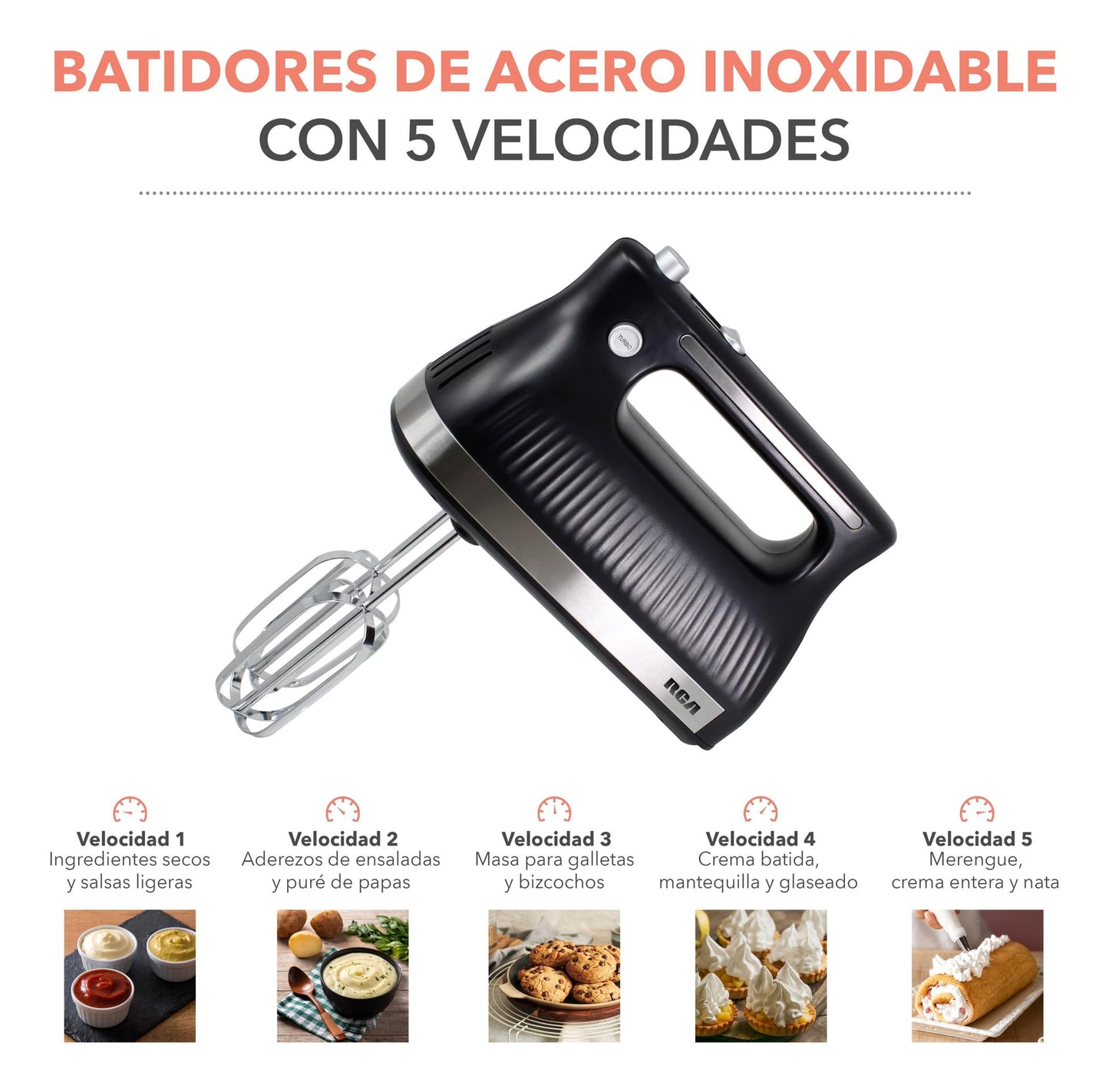 Batidora de Mano RCA Blanca con Motor Potente y Velocidades Ajustables para Repostería y Cocina