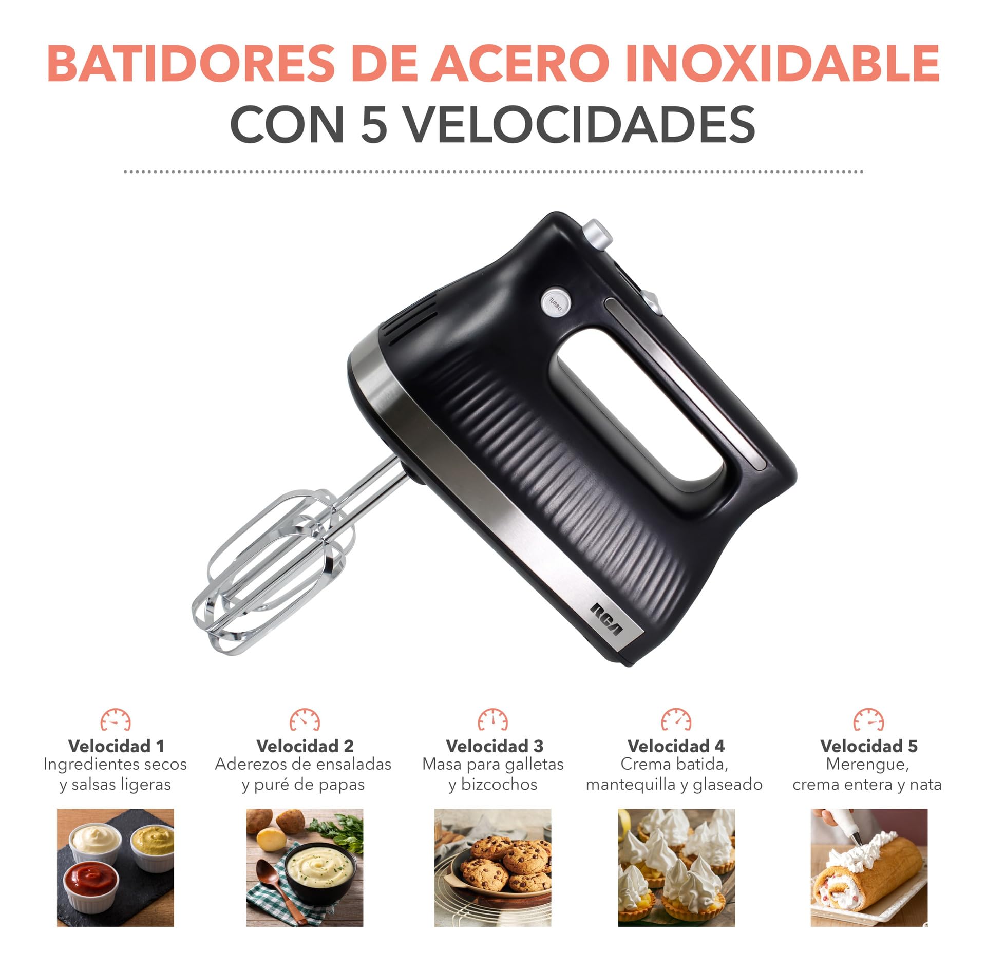 Batidora de Mano RCA Blanca con Motor Potente y Velocidades Ajustables para Repostería y Cocina