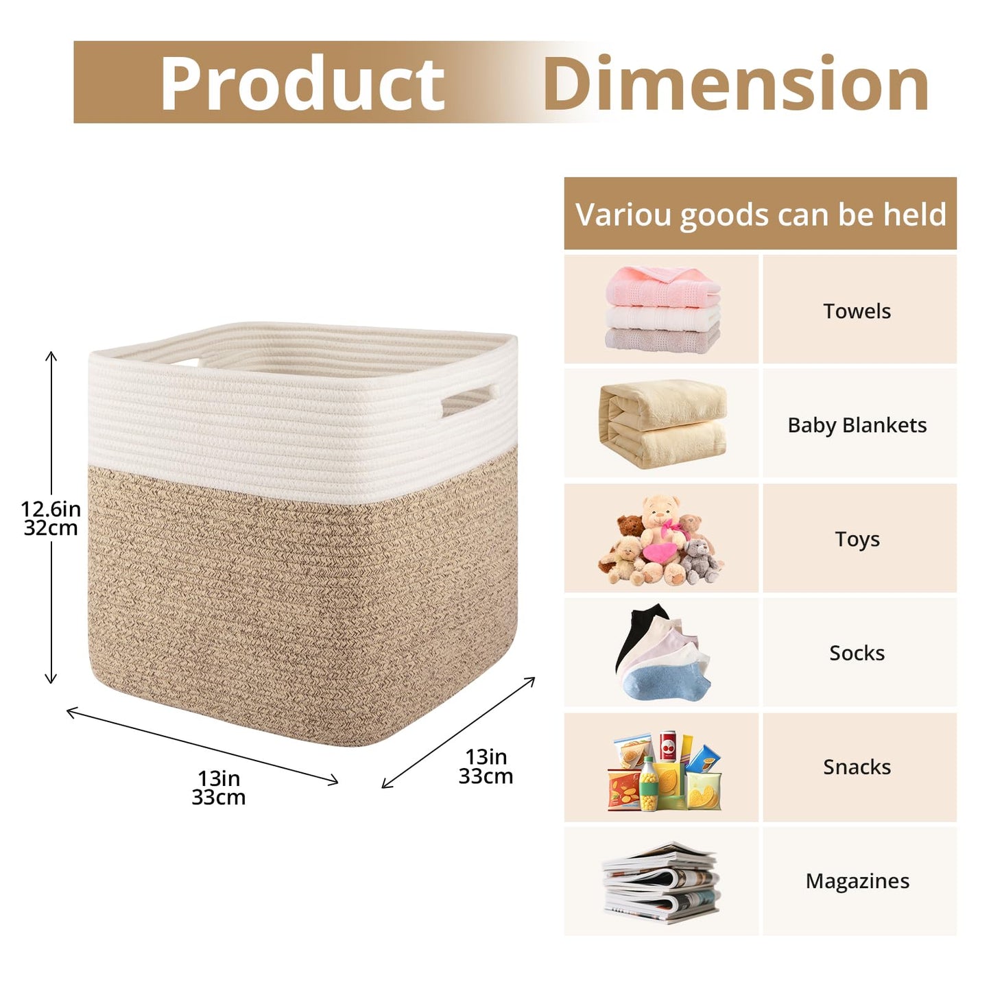 OIAHOMY - Cestas tejidas de cuerda de algodón para organizar 3 unidades de 13 x 13 x 12.6 pulgadas, cestas rectangulares de almacenamiento para ropa, cestas de almacenamiento para niños, sala de