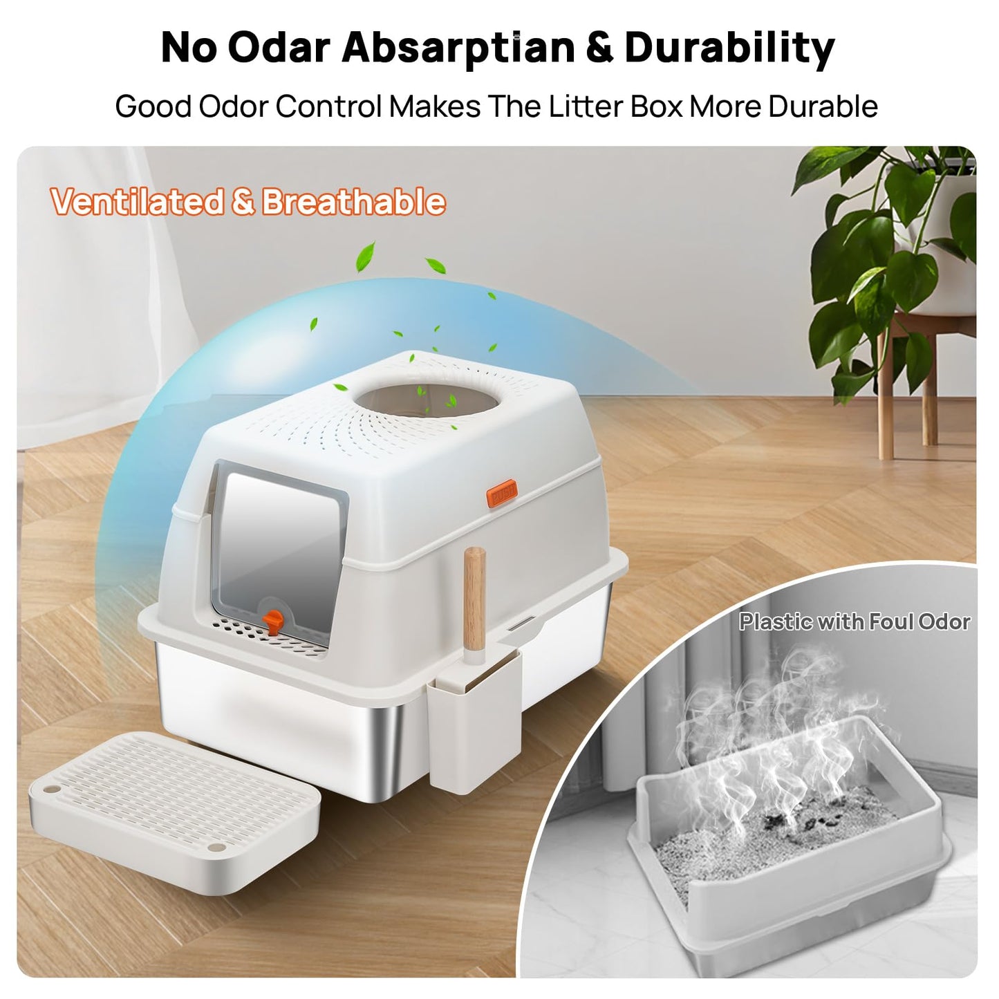 BEST JAJA Arenero de Acero Inoxidable con Tapa, de Metal Sus304, para Gatos, Cerrado, Extragrande, de Pared Alta, Inodoro Jumbo con Triple Pedal, Antiadherente Y Antifugas (Blanco Extragrande)