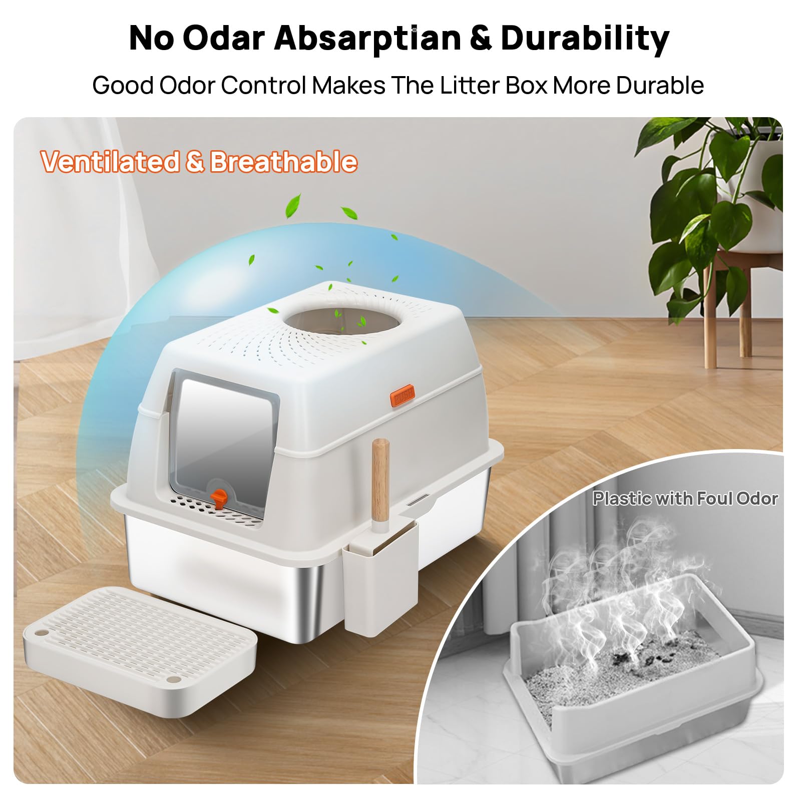 BEST JAJA Arenero de Acero Inoxidable con Tapa, de Metal Sus304, para Gatos, Cerrado, Extragrande, de Pared Alta, Inodoro Jumbo con Triple Pedal, Antiadherente Y Antifugas (Blanco Extragrande)