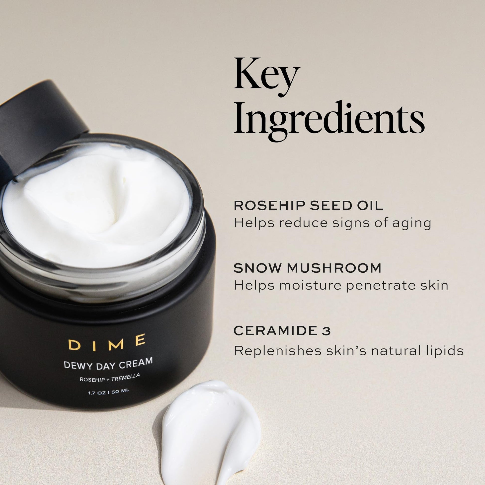 Dime Beauty Dewy Day Cream, Light moisturizer with Rosehip and Tremella Promoting Collagen and Elastin Growth, 1 Count