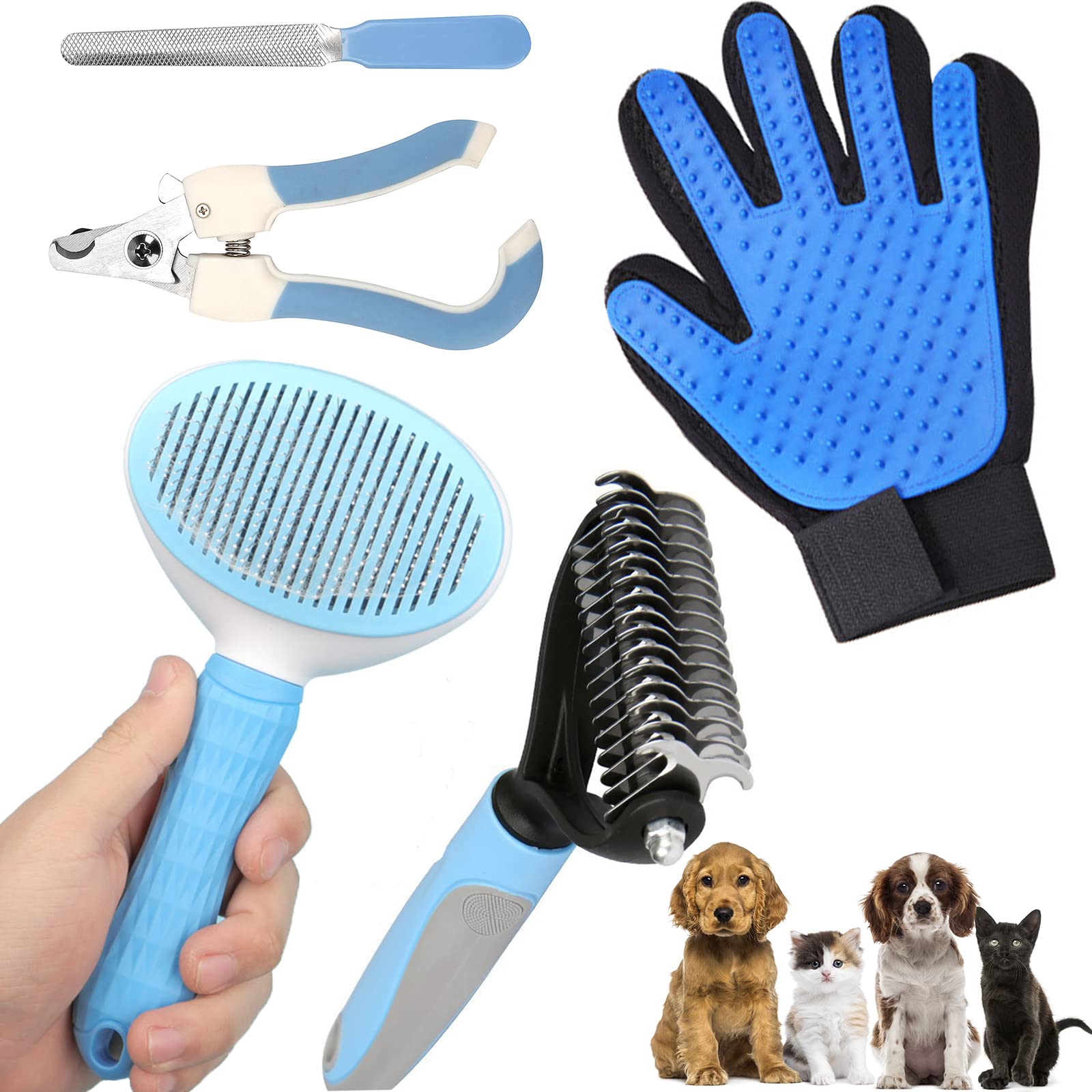Cepillo para Perros y Gatos, 5 en 1 Herramientas de Aseo para Mascotas, Cepillos para Pelo Largo y Corto, Peine de Limpieza, Cepillo de Desprendimiento, Cortaúñas, Especializado para Depilación Masaje y Peinado, Azul