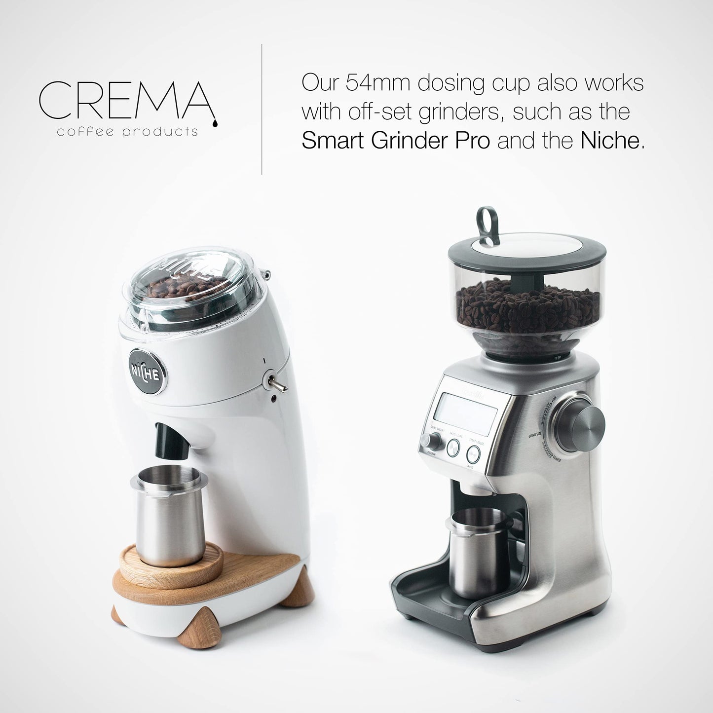 Crema Coffee Products | Taza dosificadora de 54 mm | Plata cepillada | Acero inoxidable 100% | Taza dosificadora de café espresso | Se adapta a portafiltros Breville de 54 mm