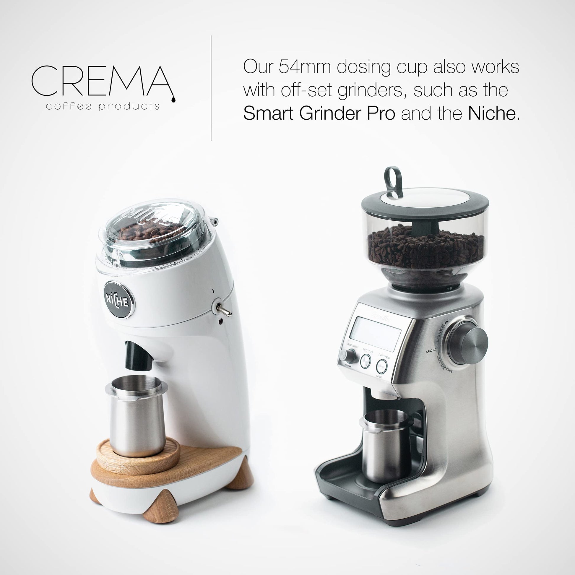 Crema Coffee Products | Taza dosificadora de 54 mm | Plata cepillada | Acero inoxidable 100% | Taza dosificadora de café espresso | Se adapta a portafiltros Breville de 54 mm