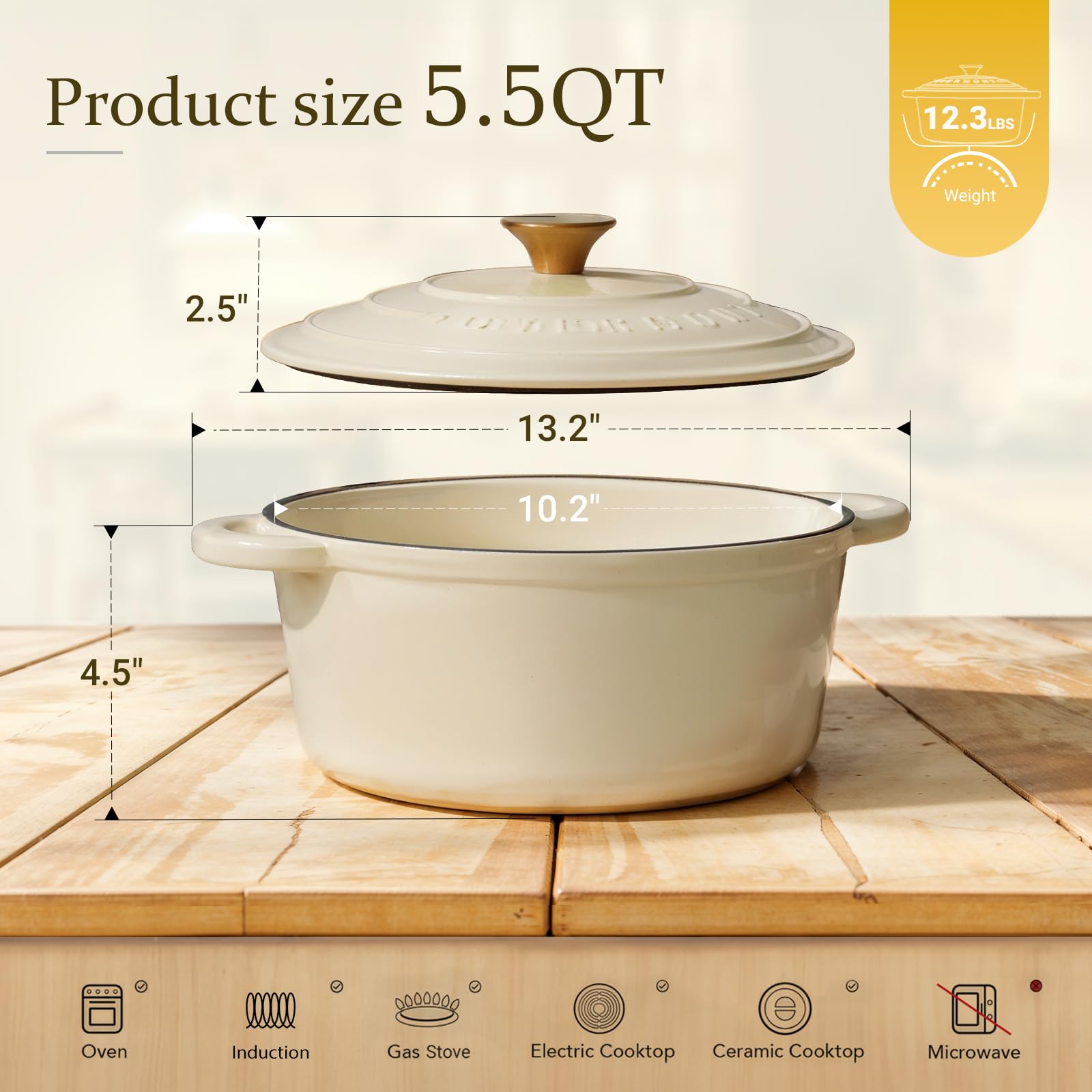 Overmont - Horno holandés de hierro fundido esmaltado, olla de 5.5 cuartos con tapa, libro de cocina y agarraderas de algodón, utensilios de cocina resistentes para estofar, guisos, asar, hornear pan