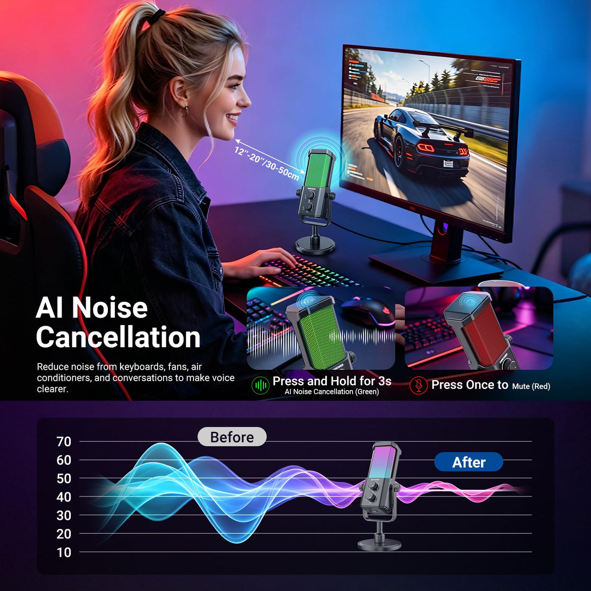 Micrófono USB RGB NEEWER UM01 Cancelación Ruido Gris para Podcasting