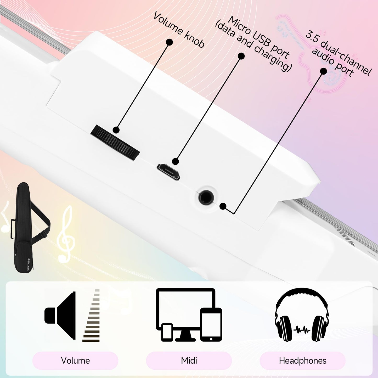 PEFEEL - Guitarra eléctrica acústica inteligente con carga USB, bolsillo para guitarra de viaje, guitarra de acorde portátil, cuello de guitarra para entrenador, principiante, AI LCD (blanco)