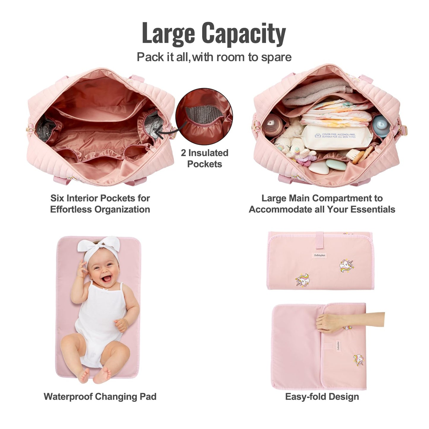 GOBABYMART - Juego de 3 bolsas de pañales con cambiador y estuche para chupete, bolsa de viaje de maternidad de algodón (mediano - unicornios rosa)