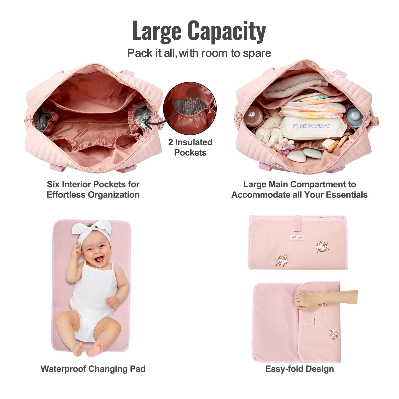 GOBABYMART - Juego de 3 bolsas de pañales con cambiador y estuche para chupete, bolsa de viaje de maternidad de algodón (mediano - unicornios rosa)