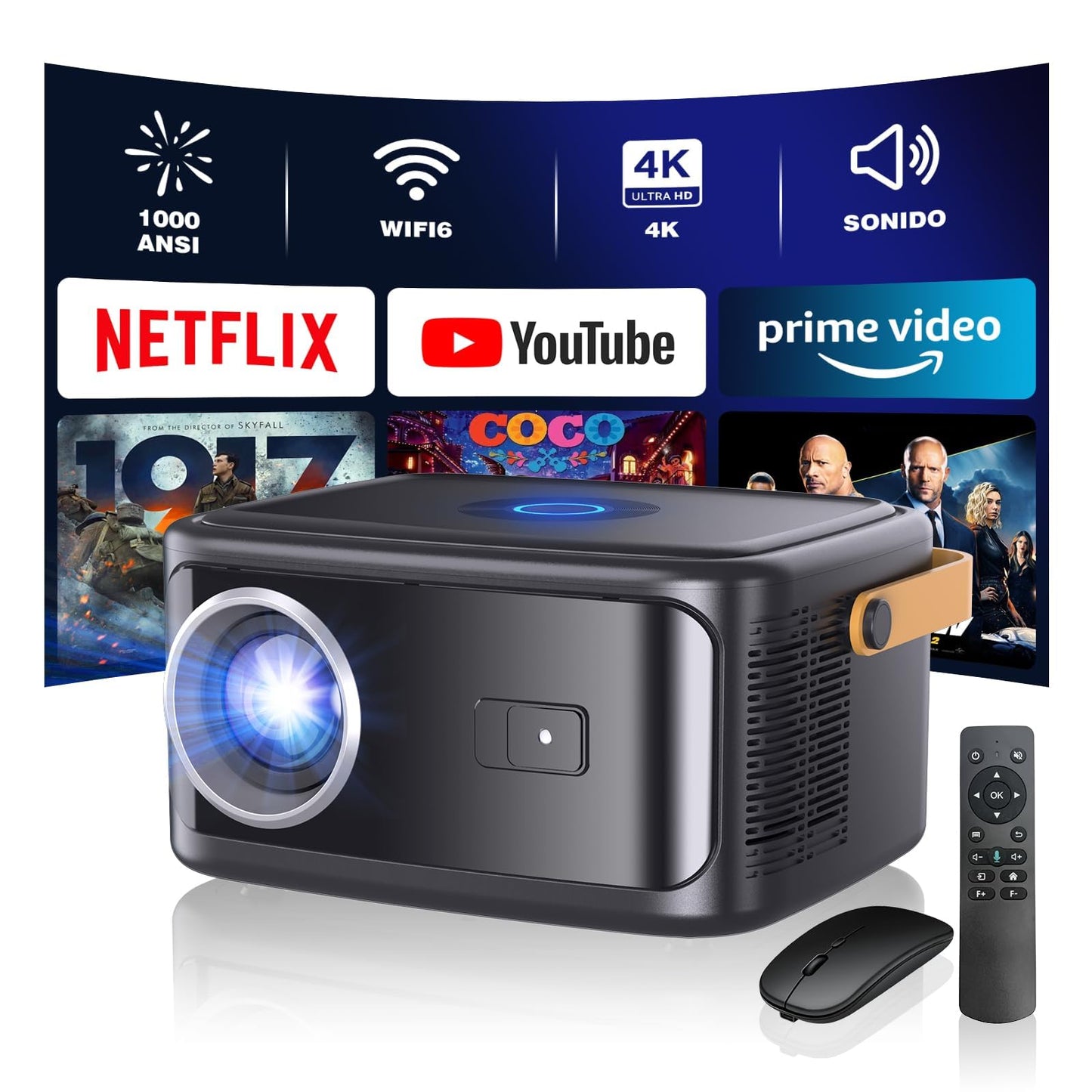 AOSO Proyector 4K 500ANSI, Portátil Proyectors para Cine en Casa con Sistema Android11, WiFi 6 & Bluetooth 5.2, 1080p Nativo, Compatible con Netflix y 10,000+ Apps, Ldeal para Ver Copa Mundial