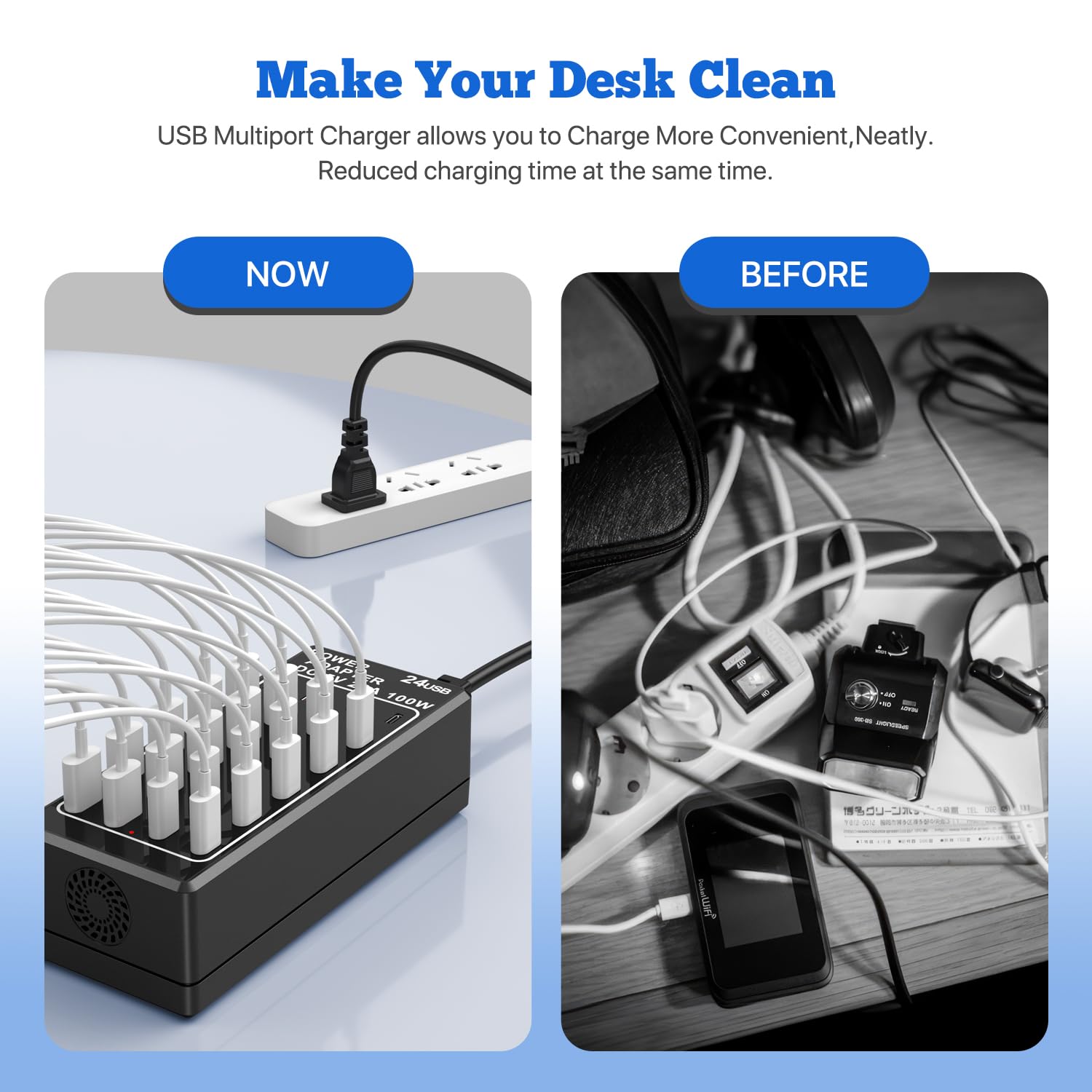 Cargador USB, bloque de cargador USB C, 100 W (20 A), 24 puertos, múltiples USB, cargador de pared, 12 USB A 12 USB C compatible con Apple iPhone, iPad, Samsung Galaxy, portátil, Pixel, teléfonos