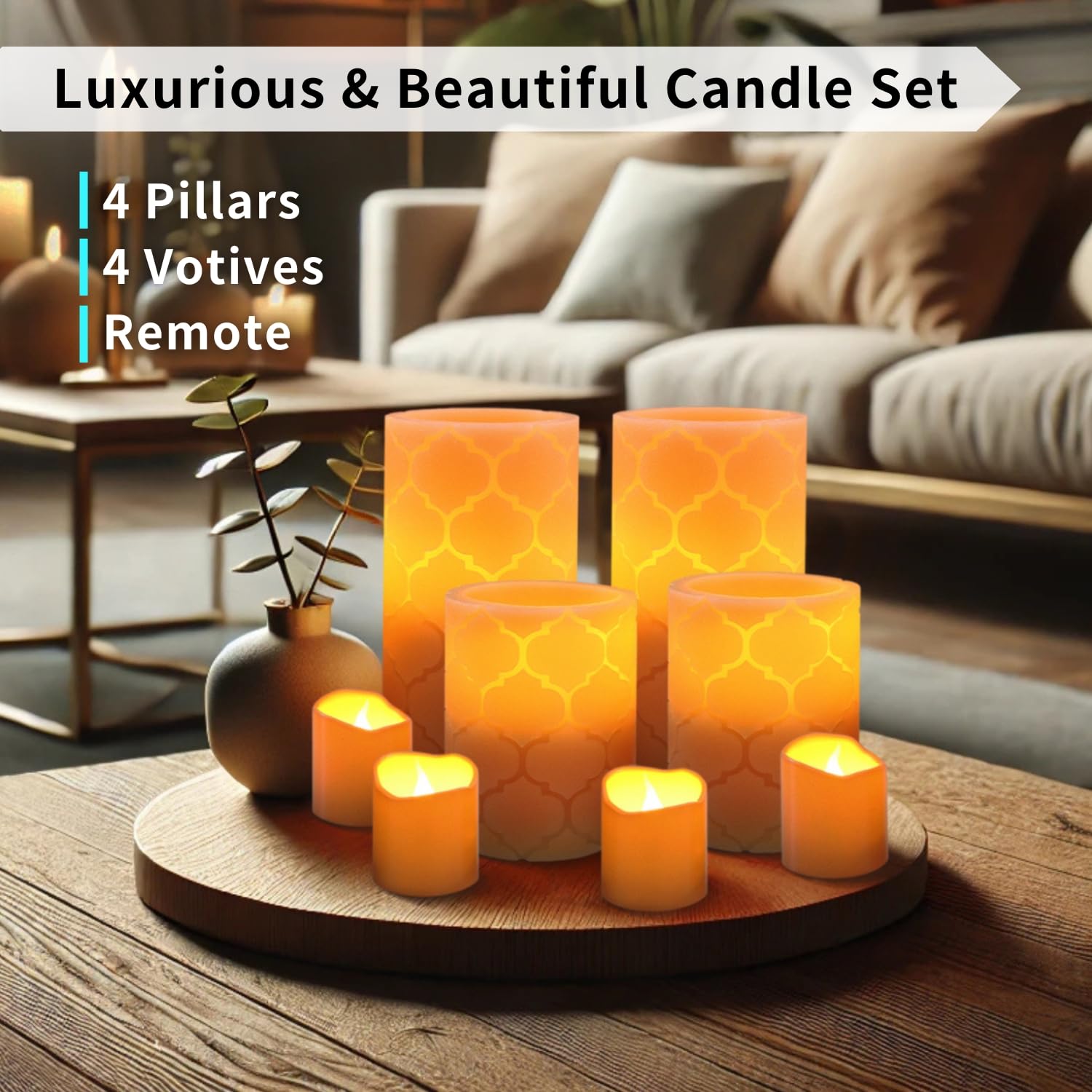 Furora Lighting - Velas LED de cera real, control remoto y temporizador, paquete de 8 (4 pilares y 4 votivas), velas sin llama con parpadeo para el hogar, incluye pilas, naranja, (Orange Nordic)