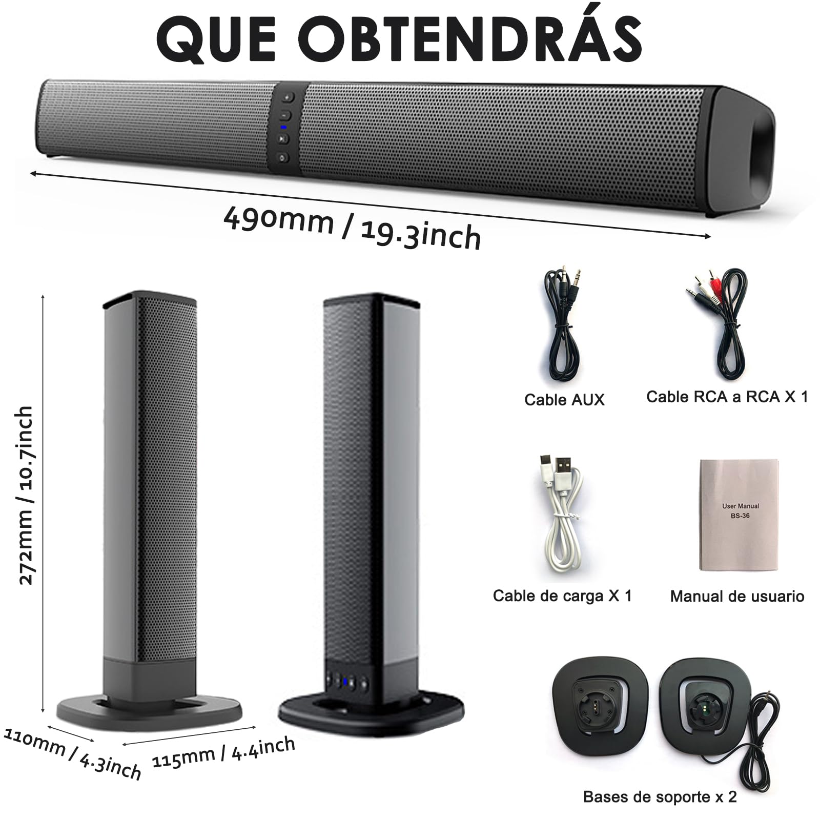 JESUS Barra de Sonido Bluetooth 2 en 1, 4 Desmontable, para TV con Interfaz RCA/AUX 3,5 mm, Compatible con TV, computadora, Tableta, móvil