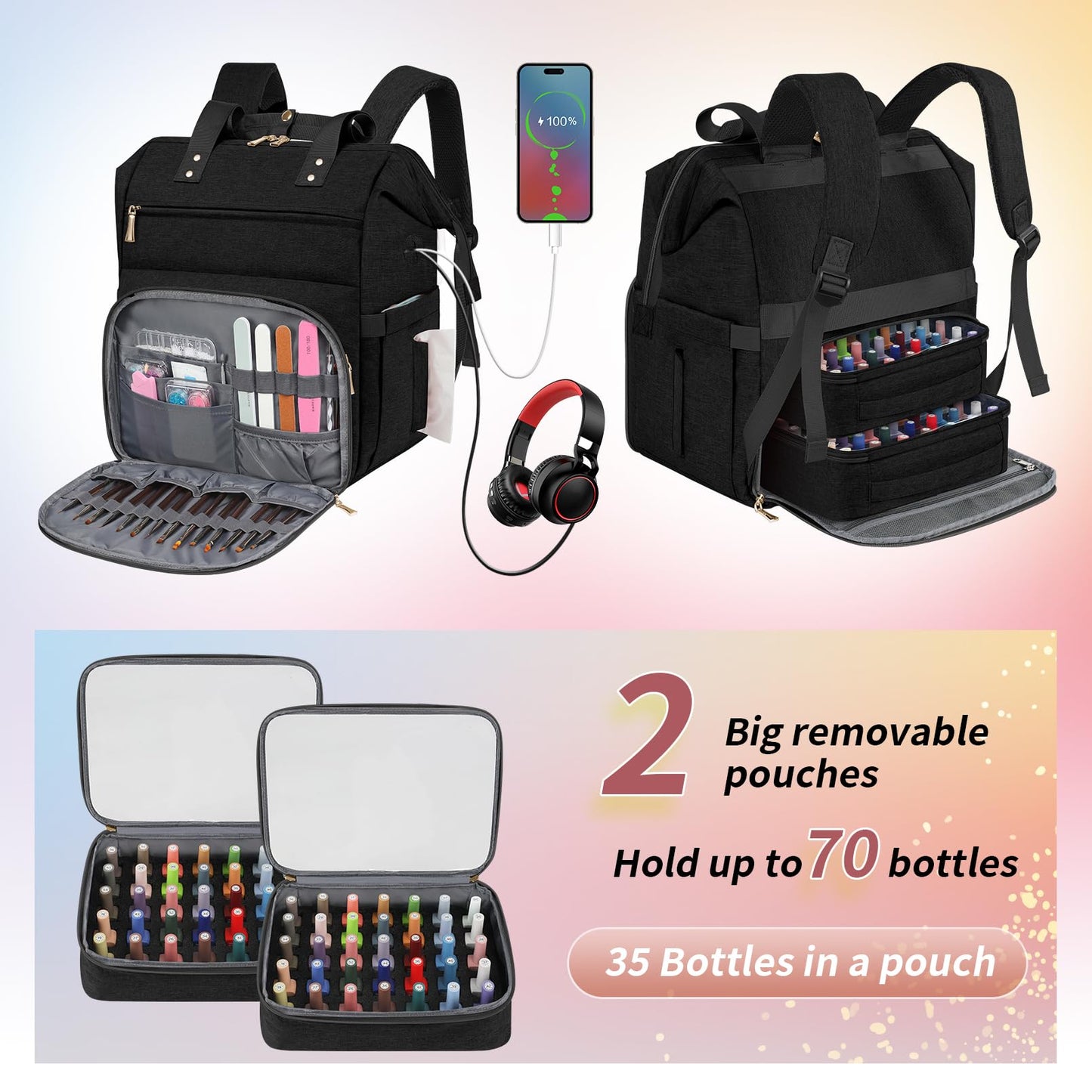 LTINVECK - Funda organizadora de esmalte de uñas con capacidad para 70 botellas (15 ml/0.5 fl.oz), Negro, Large