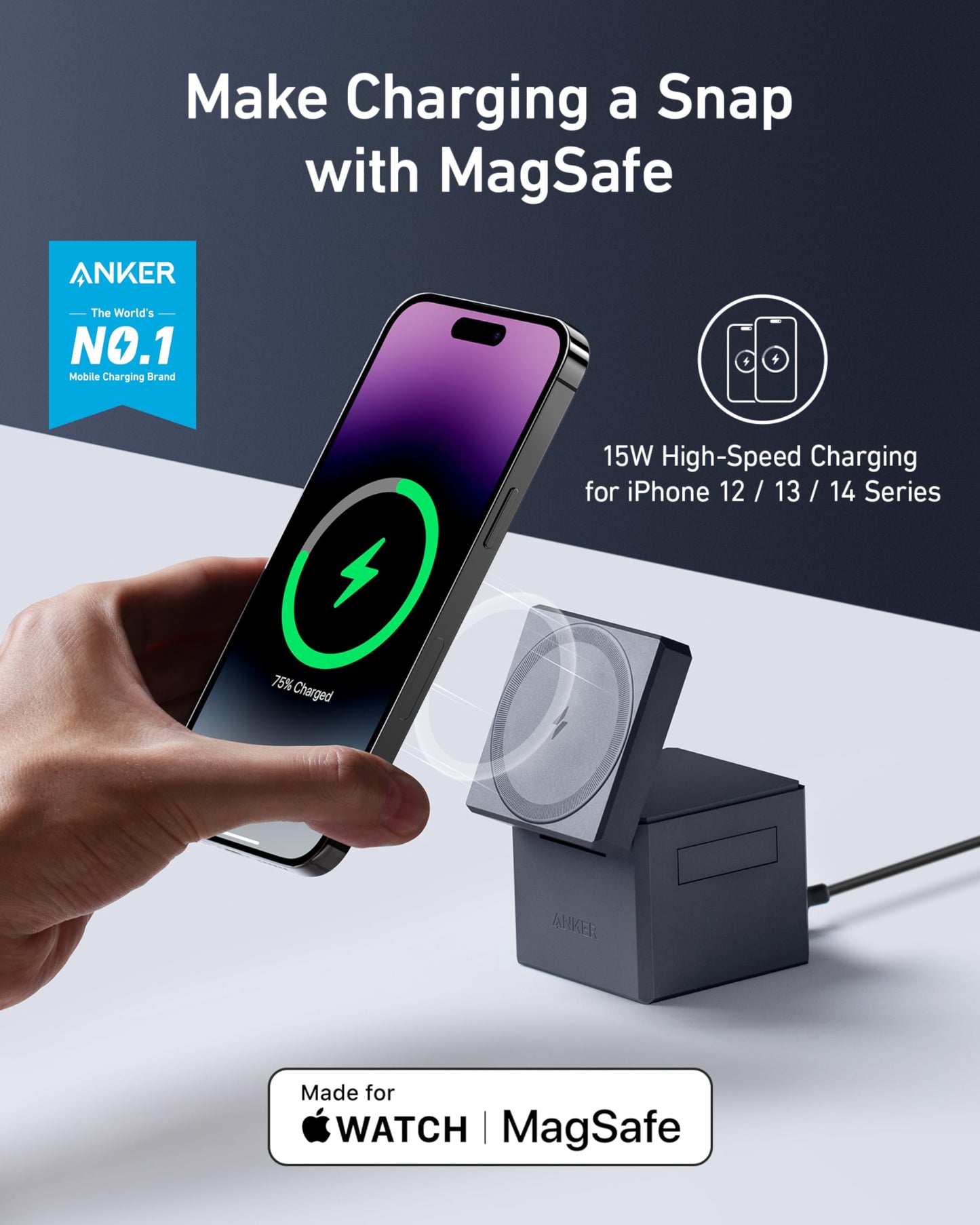 Cubo 3 en 1 Anker MagSafe Negro con Carga Inalámbrica 15 W para iPhone 15/14/13, Apple Watch y AirPods Pro