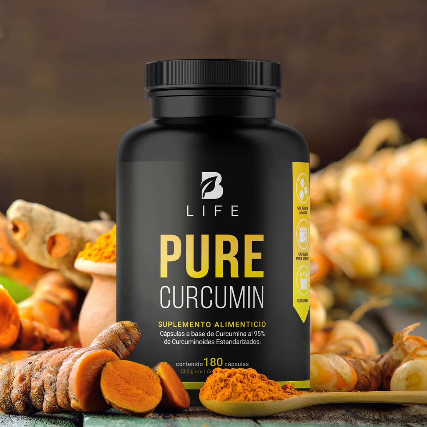 Curcumina Pura de 180 Cápsulas 1000 mg por porción. Ingredientes Naturales. Pure Curcumin B Life.