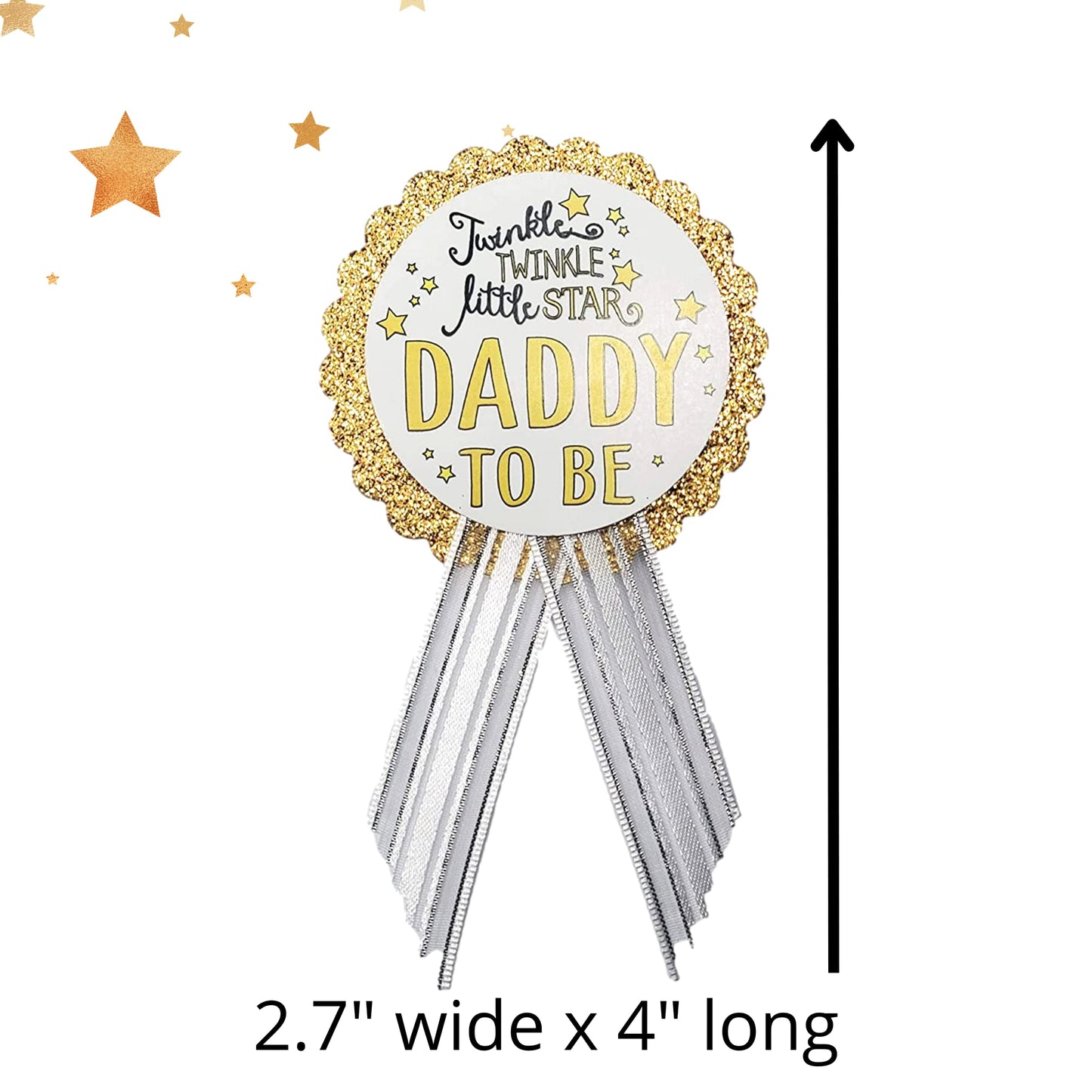 Twinkle Little Star - Juego de alfileres para baby shower – Cintas de satén blanco y purpurina dorada para mamá y papá a ser, Una talla, Cartulina cartulina cinta de satén pin de acero inoxidable, No