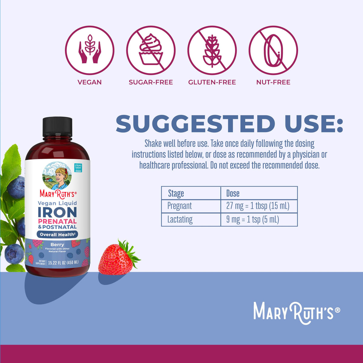 MaryRuth Organics | Prenatal Postnatal Iron Liquid, Berry, 16 oz | Líquido de hierro prenatal posnatal, bayas, 16 oz